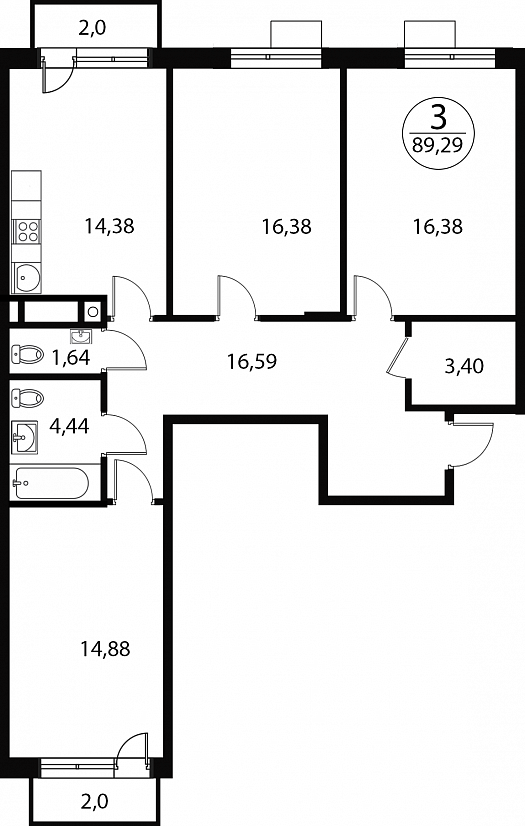 3 комн. квартира, 89.3 м², 1 этаж 