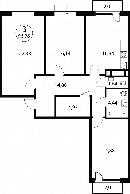 3 комн. квартира, 96.8 м², 2 этаж 