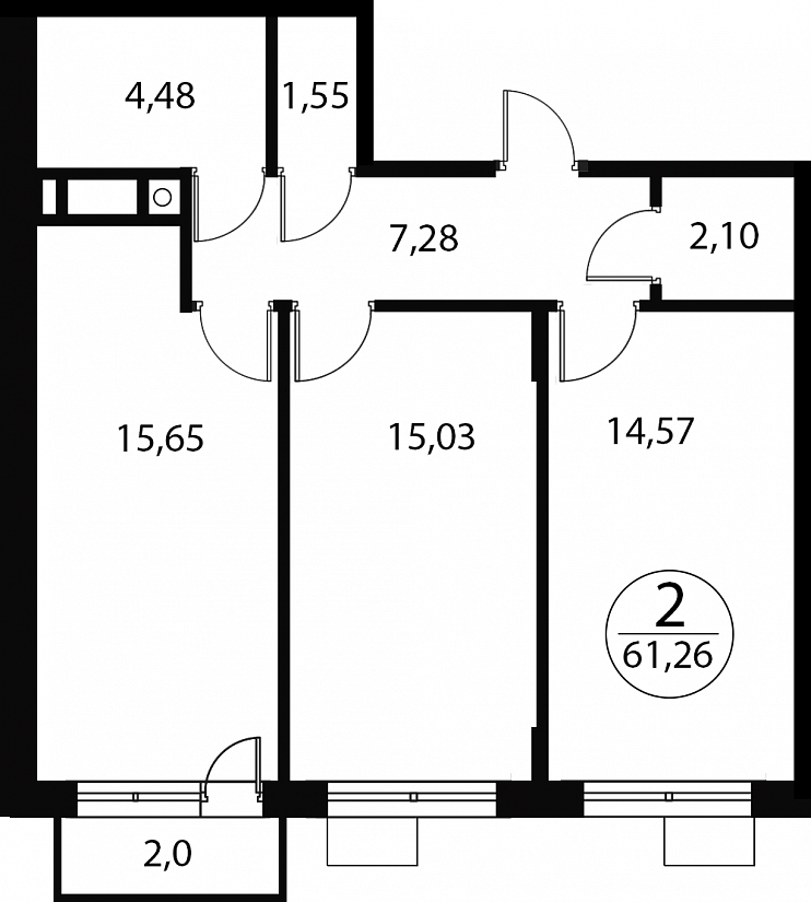 2 комн. квартира, 61.3 м², 1 этаж 