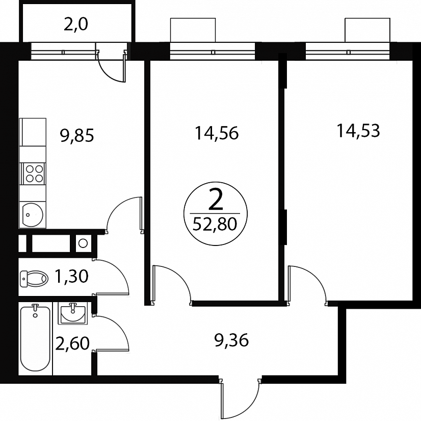 2 комн. квартира, 52.8 м², 2 этаж 