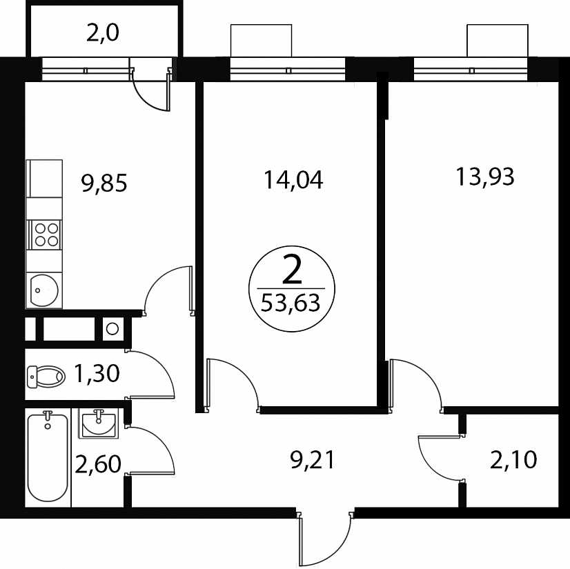 2 комн. квартира, 53.6 м², 1 этаж 