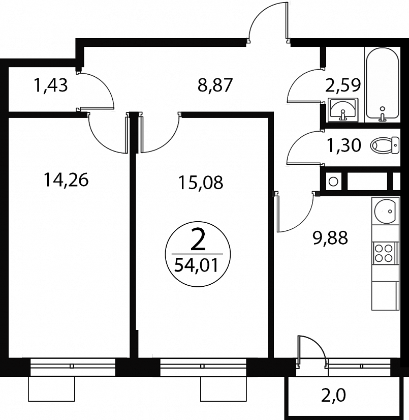 2 комн. квартира, 54 м², 3 этаж 