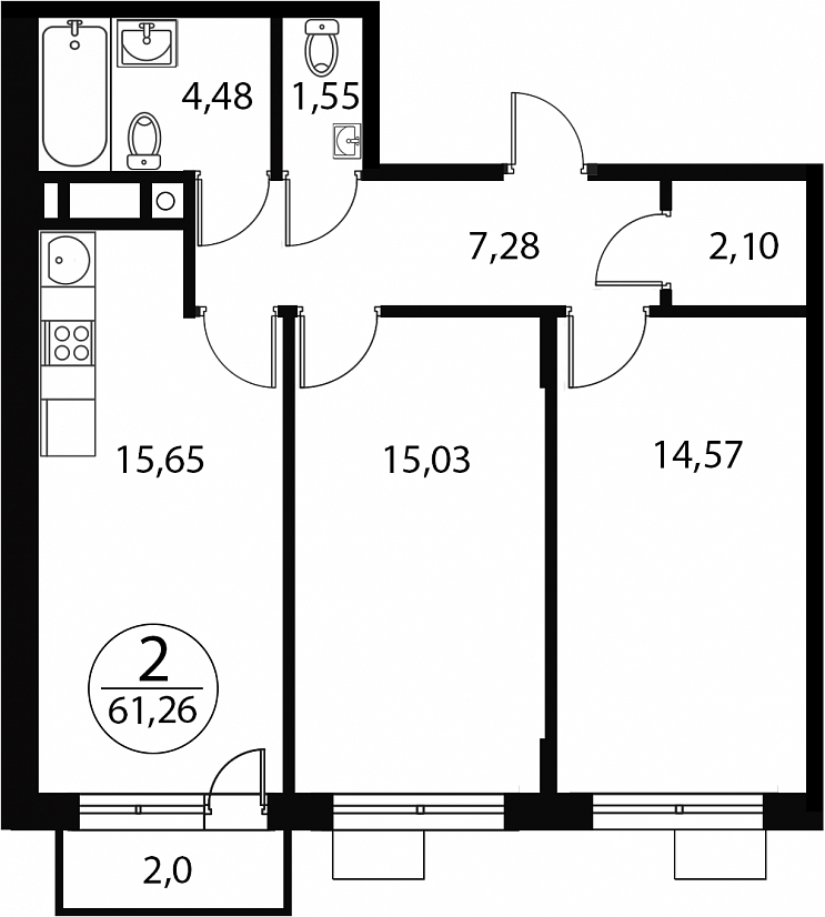 2 комн. квартира, 61.3 м², 3 этаж 