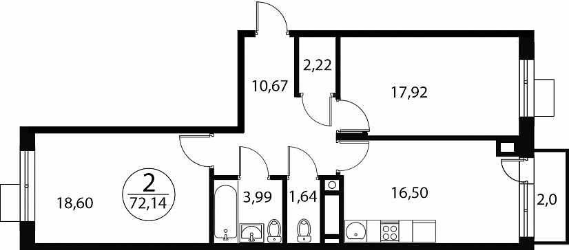 2 комн. квартира, 72.1 м², 3 этаж 