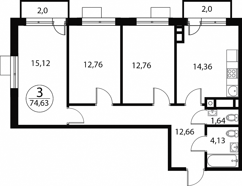 3 комн. квартира, 74.6 м², 3 этаж 