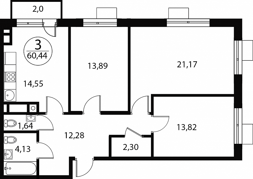 3 комн. квартира, 84.4 м², 3 этаж 