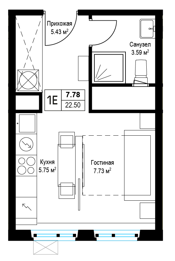 1 комн. квартира, 22.5 м², 14 этаж 