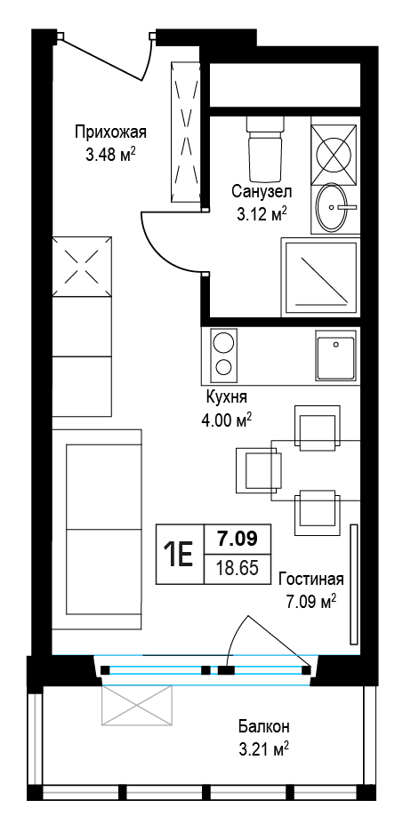 1 комн. квартира, 18.6 м², 14 этаж 