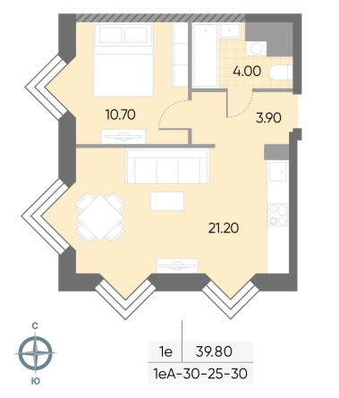 1 комн. квартира, 39.8 м², 30 этаж 