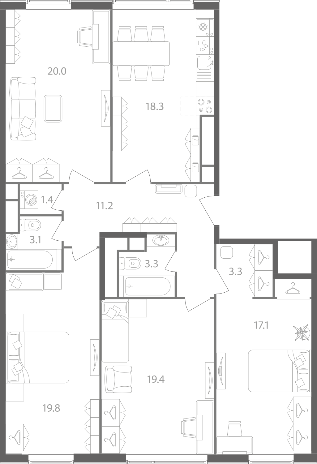 4 комн. квартира, 117.3 м², 14 этаж 