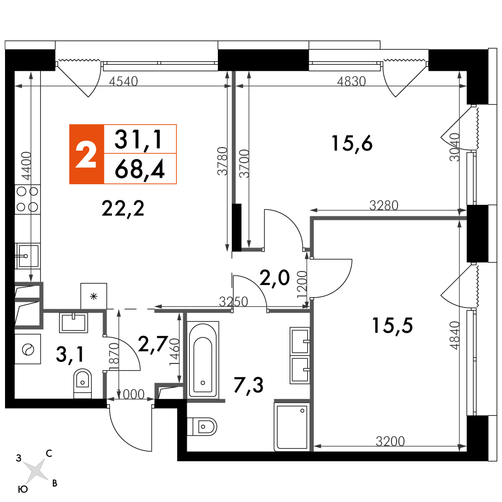 2 комн. квартира, 68.4 м², 12 этаж 
