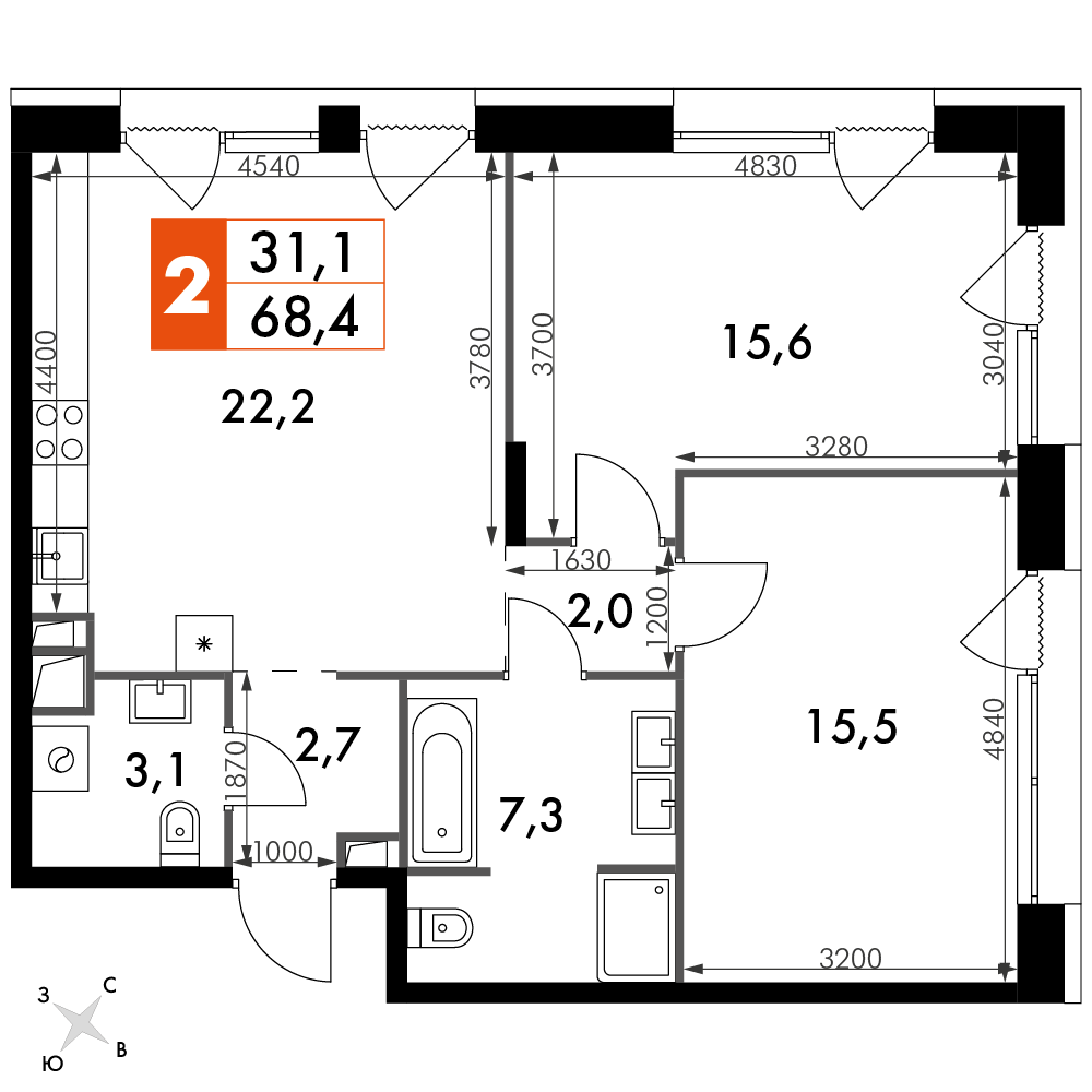 2 комн. квартира, 68.4 м², 2 этаж 