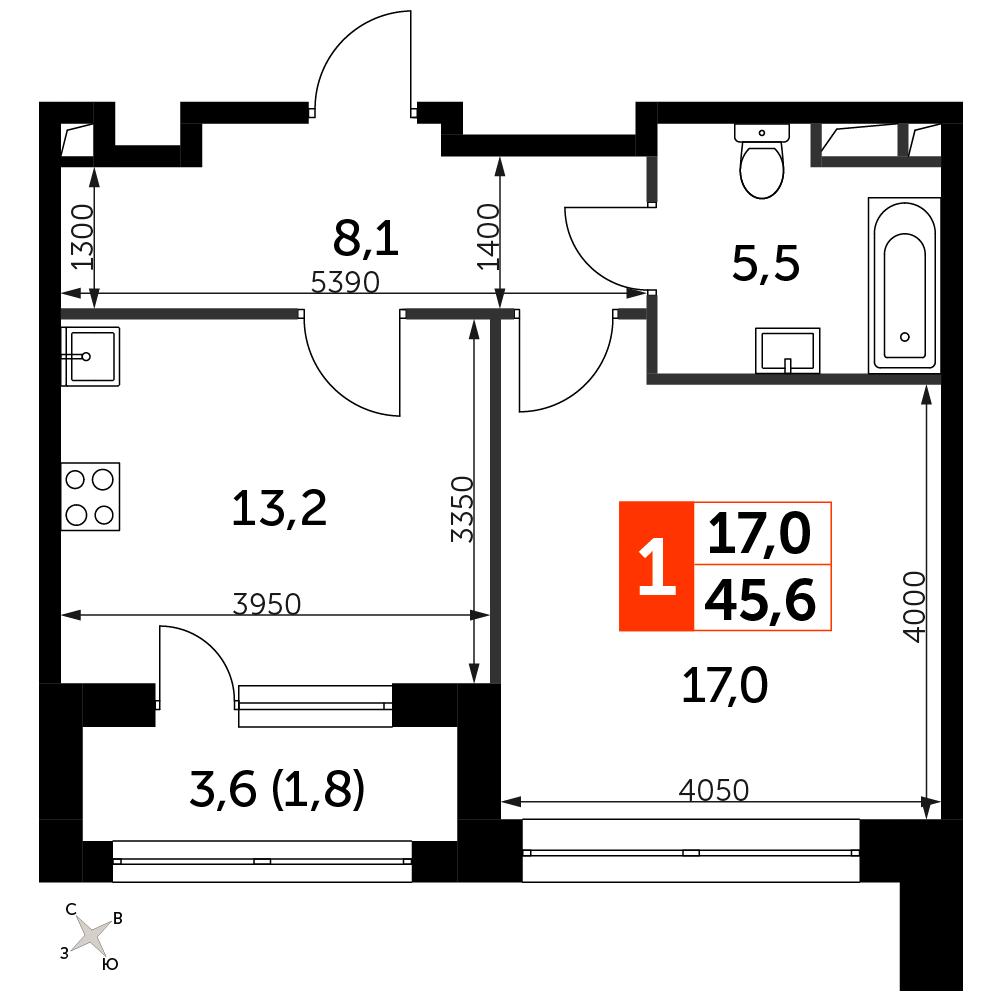 1 комн. квартира, 45.6 м², 5 этаж 
