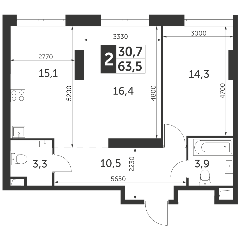 2 комн. квартира, 63.5 м², 20 этаж 