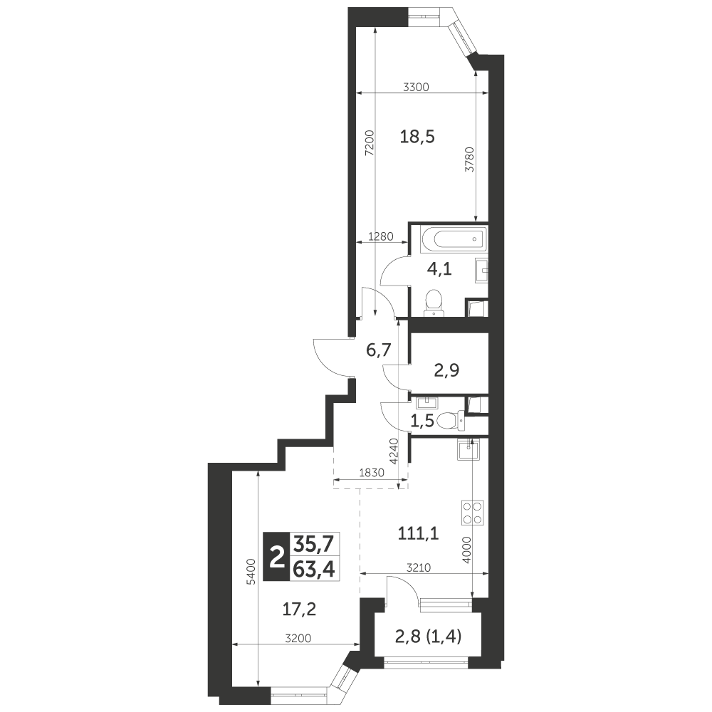 2 комн. квартира, 63.4 м², 30 этаж 