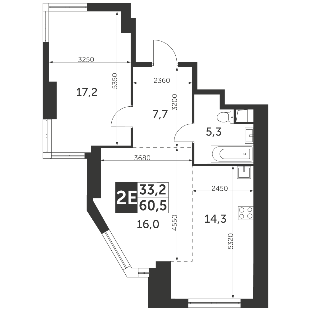 2 комн. квартира, 60.5 м², 44 этаж 