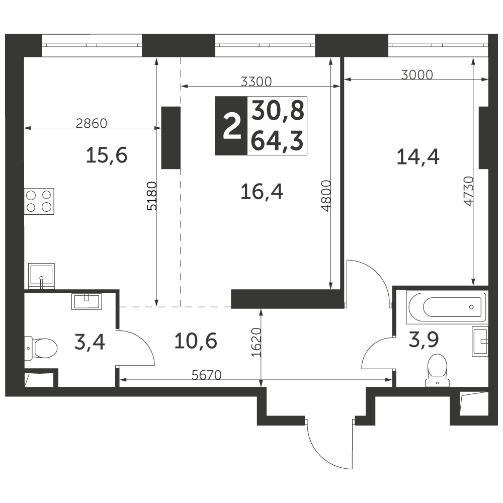 2 комн. квартира, 64.3 м², 42 этаж 