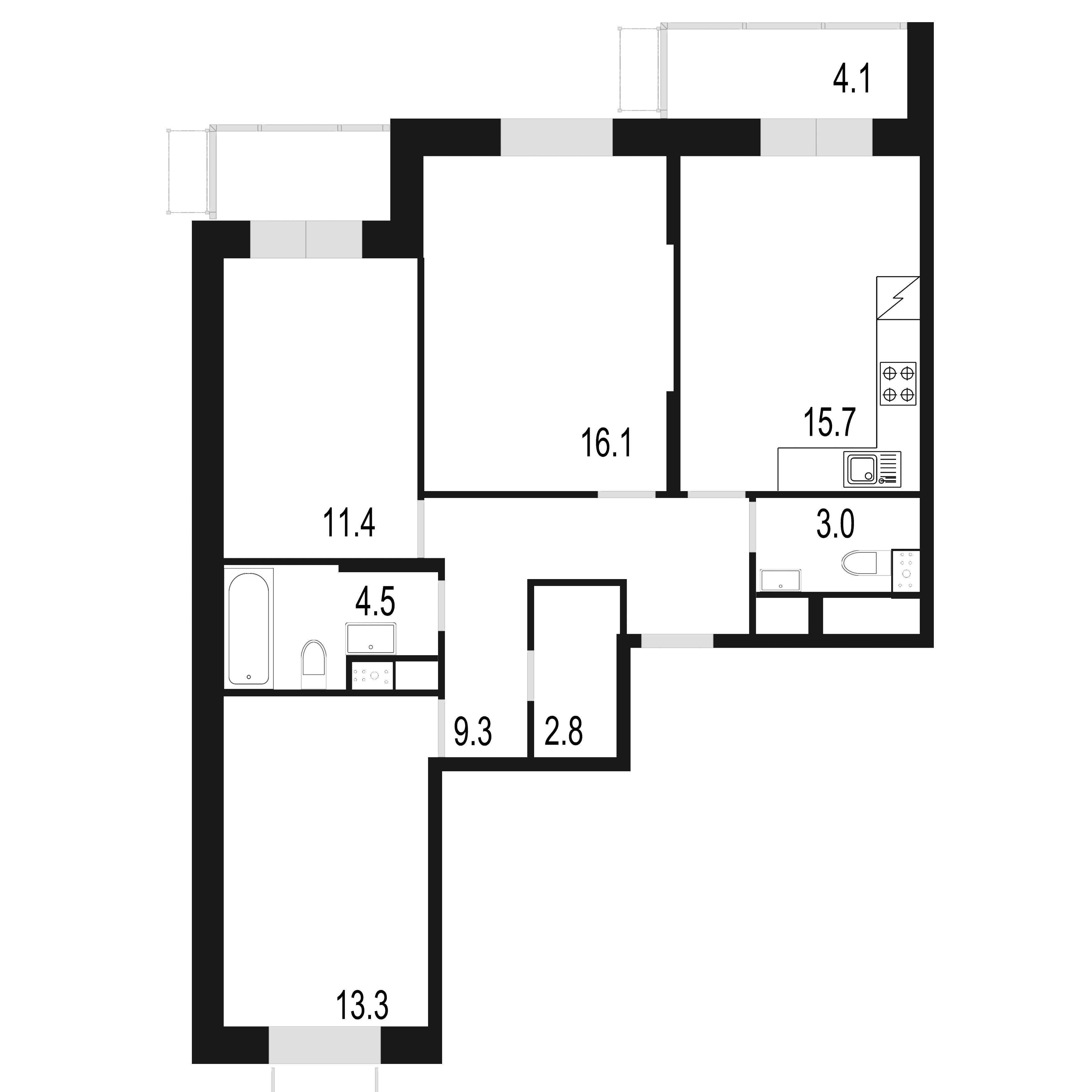3 комн. квартира, 83.2 м², 23 этаж 