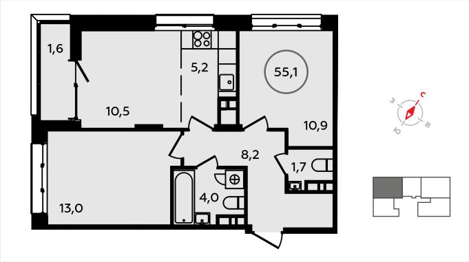 3 комн. квартира, 55.1 м², 13 этаж 