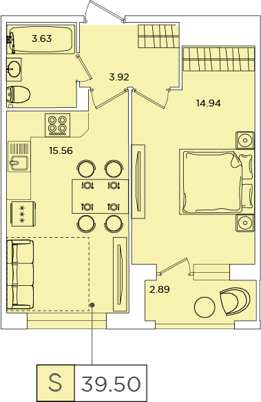 1 комн. квартира, 39 м², 1 этаж 
