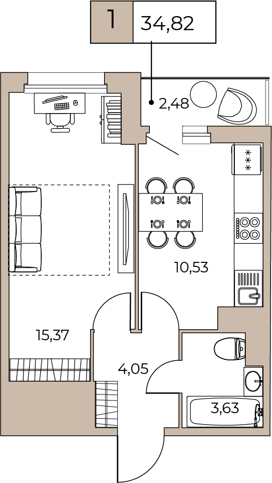 1 комн. квартира, 34.5 м², 15 этаж 