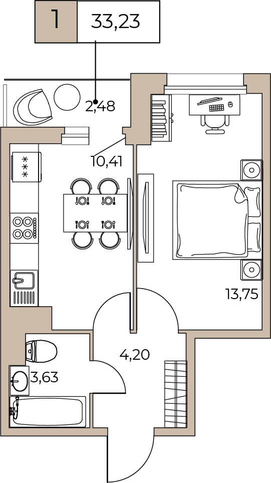 1 комн. квартира, 33.4 м², 13 этаж 
