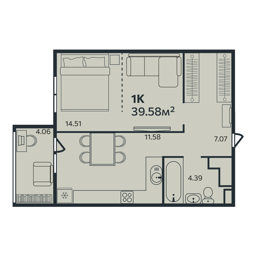 1 комн. квартира, 39.6 м², 2 этаж 