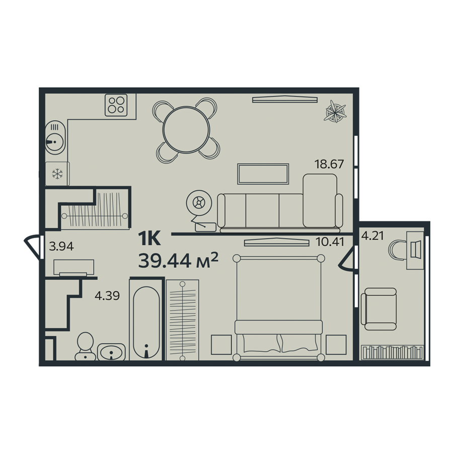 1 комн. квартира, 39.4 м², 2 этаж 