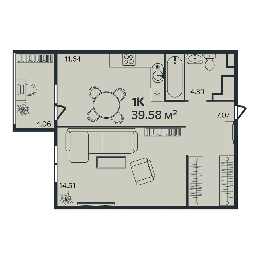 1 комн. квартира, 39.6 м², 3 этаж 
