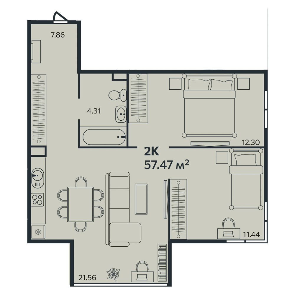 2 комн. квартира, 57.5 м², 3 этаж 