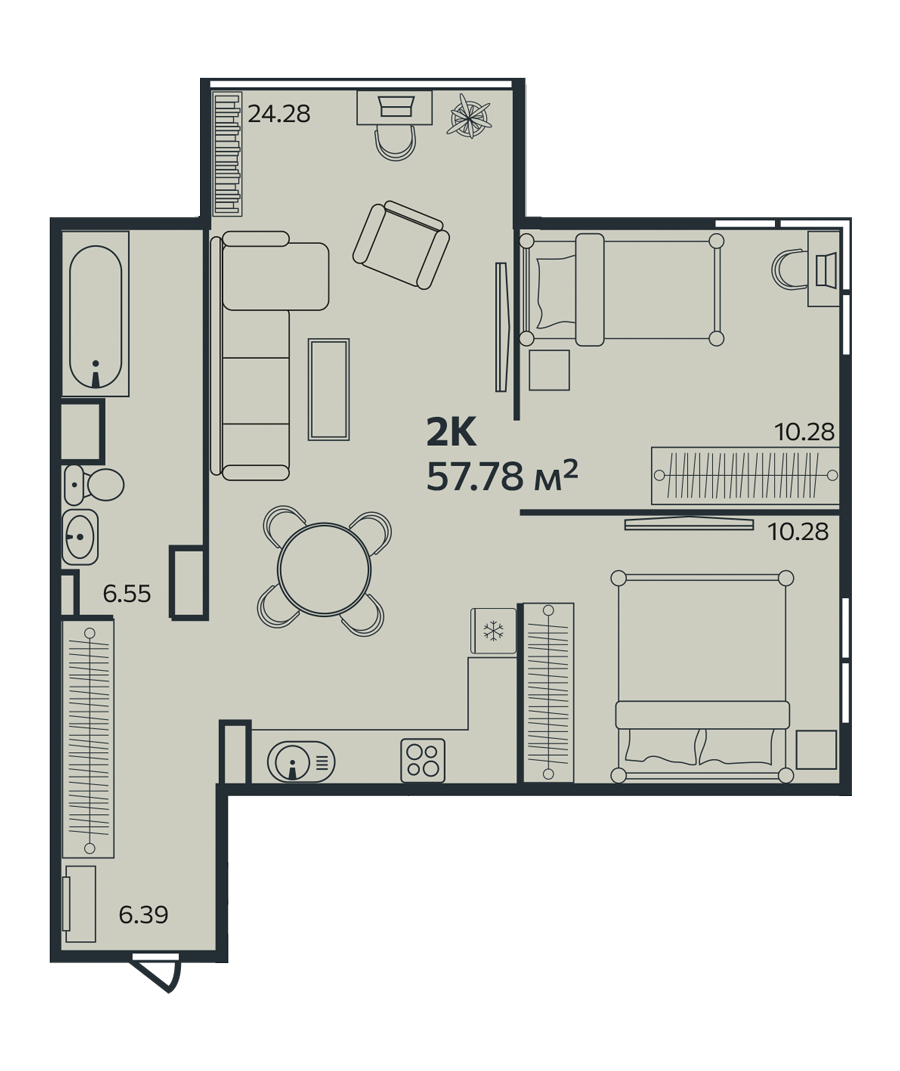 2 комн. квартира, 57.8 м², 6 этаж 