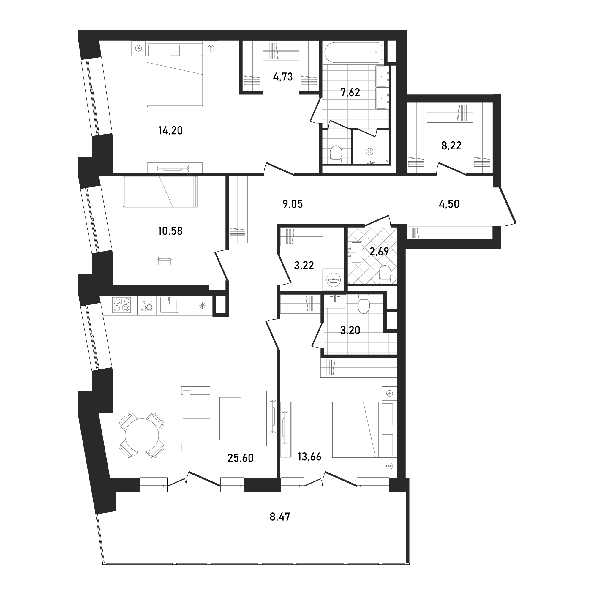 3 комн. квартира, 115.7 м², 27 этаж 