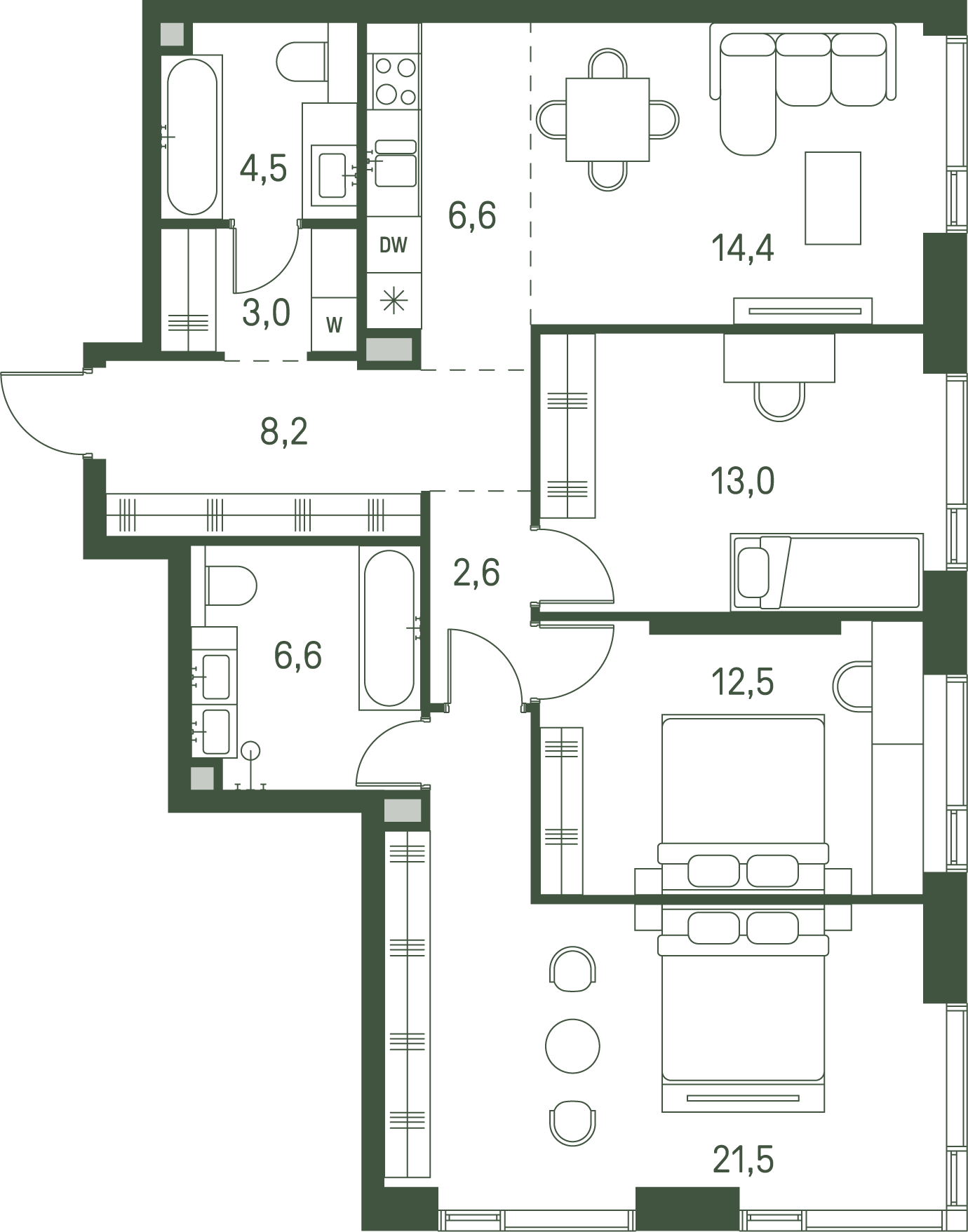 3 комн. квартира, 92.9 м², 15 этаж 