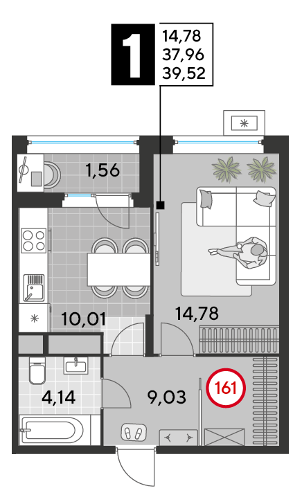 1 комн. квартира, 39.5 м², 14 этаж 