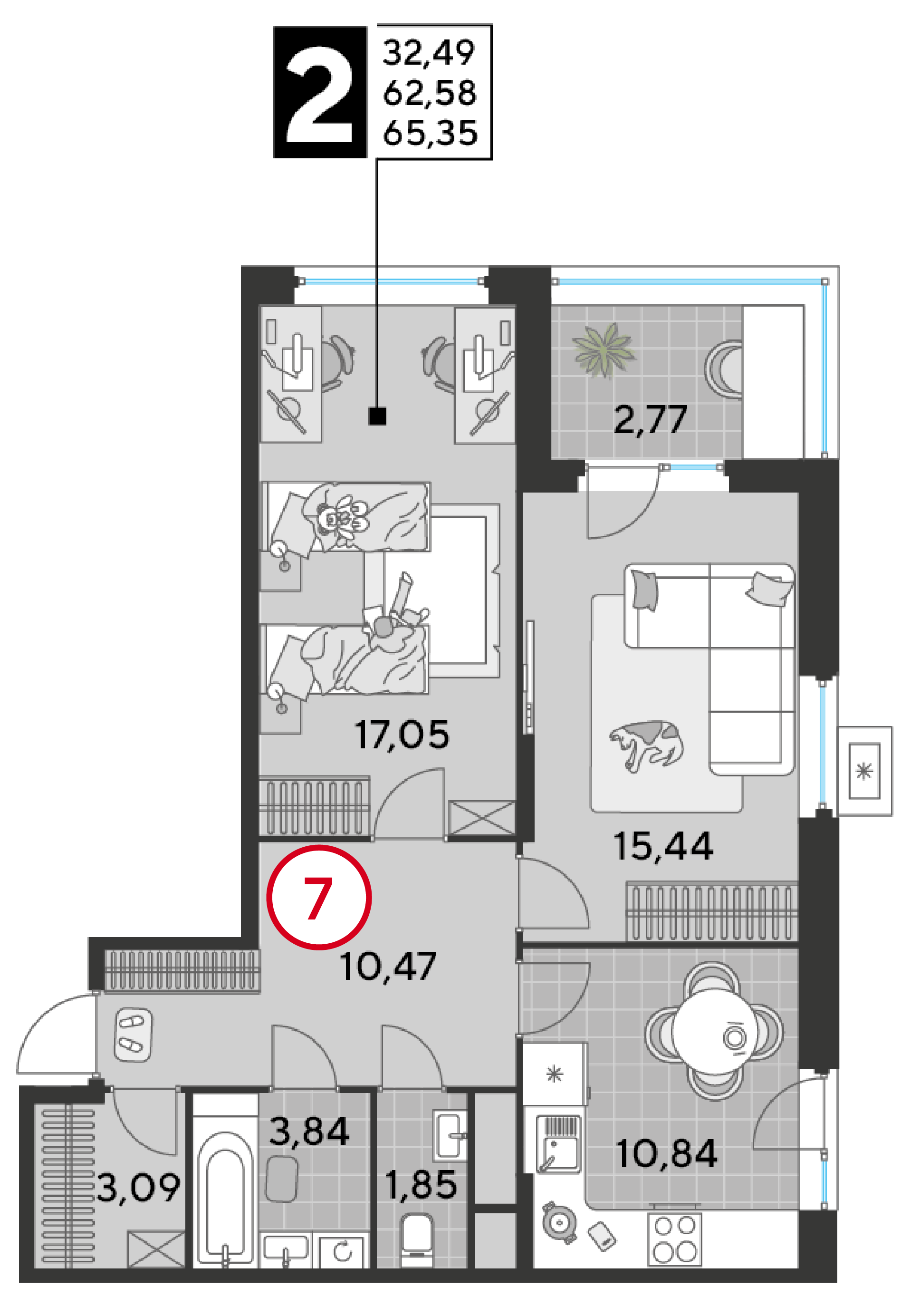 2 комн. квартира, 65.3 м², 2 этаж 