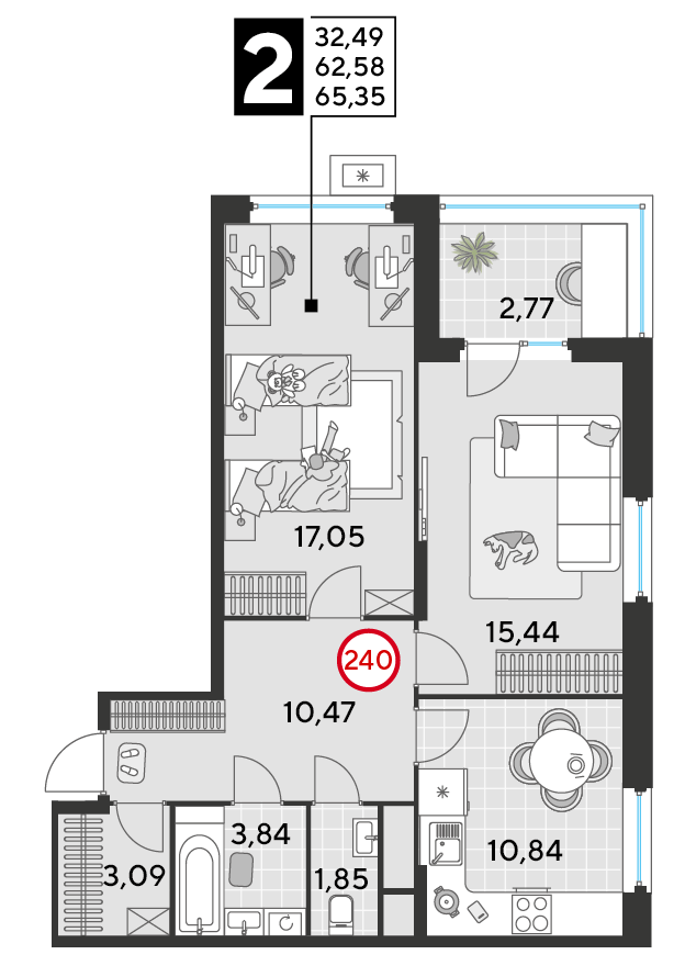 2 комн. квартира, 65.3 м², 20 этаж 