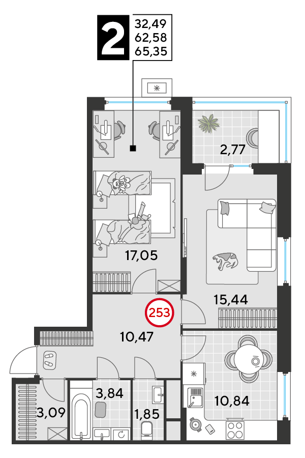 2 комн. квартира, 65.3 м², 21 этаж 