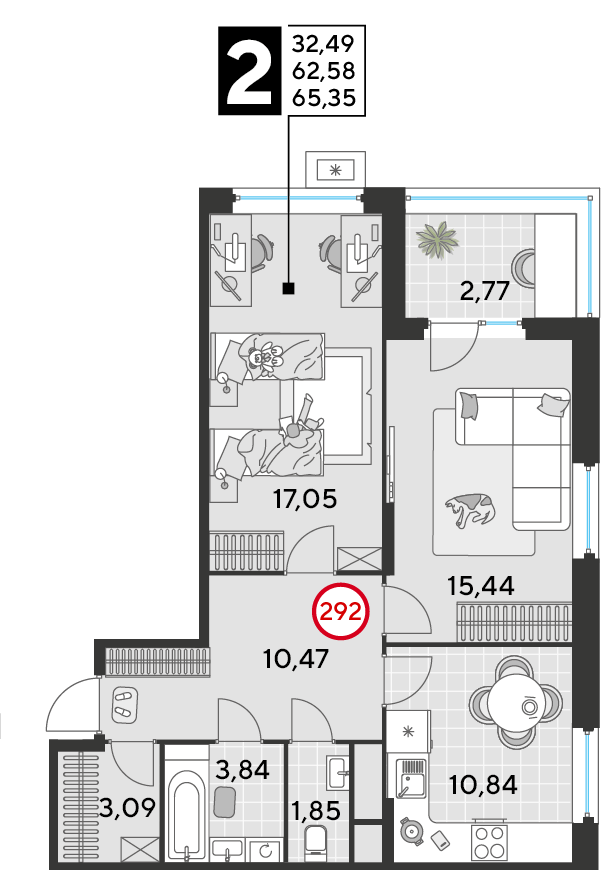 2 комн. квартира, 65.3 м², 24 этаж 