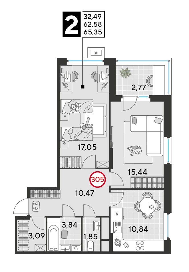 2 комн. квартира, 65.3 м², 25 этаж 