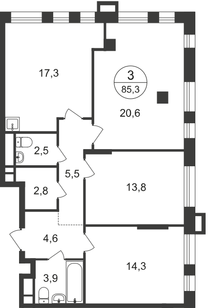 3 комн. квартира, 85.3 м², 10 этаж  (из 21)