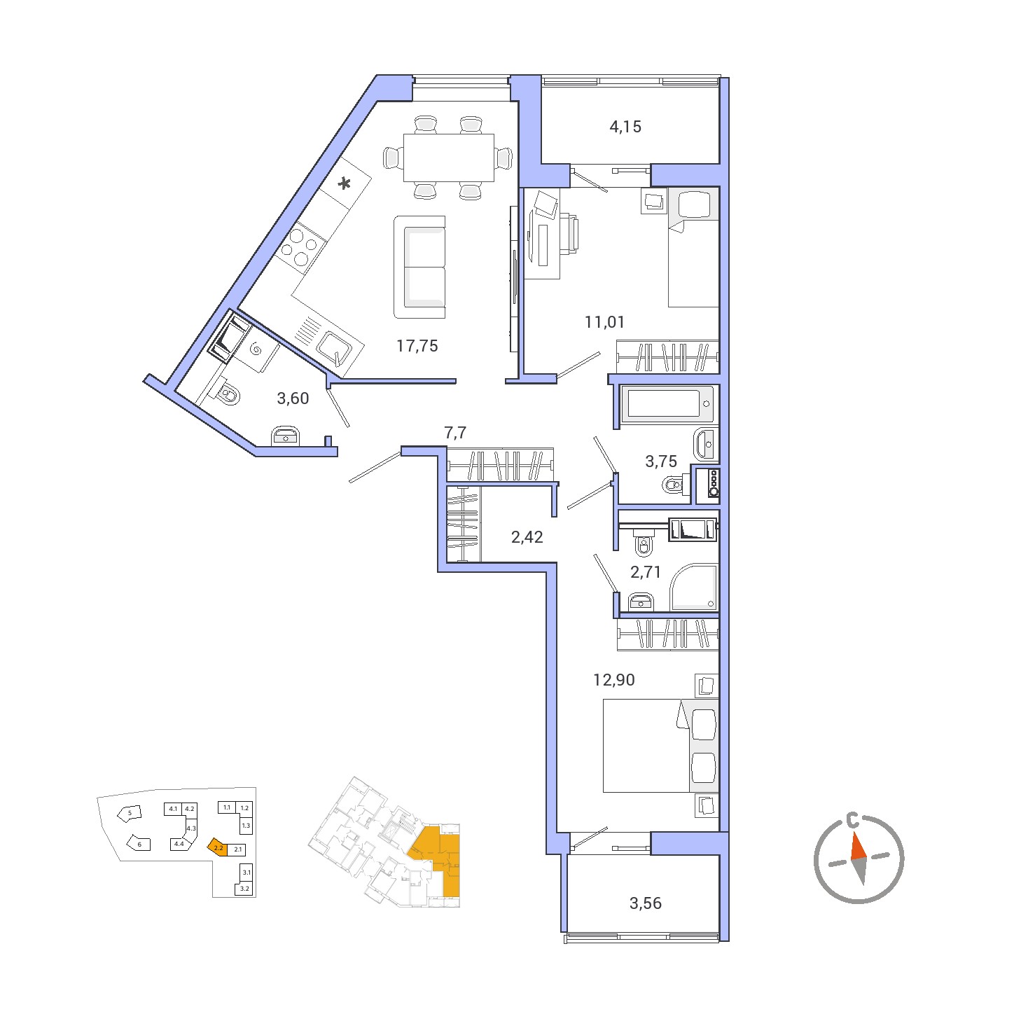 2 комн. квартира, 69.6 м², 1 этаж 