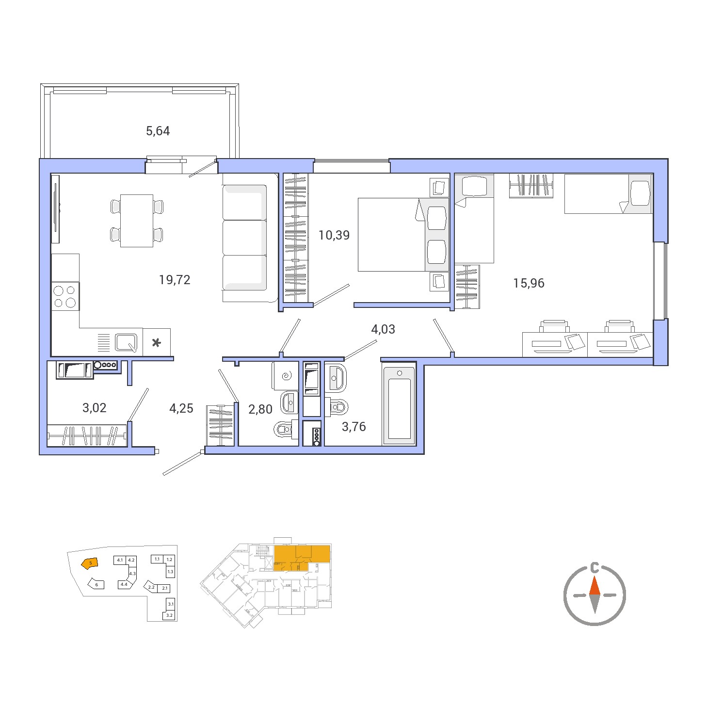 2 комн. квартира, 71.1 м², 4 этаж 