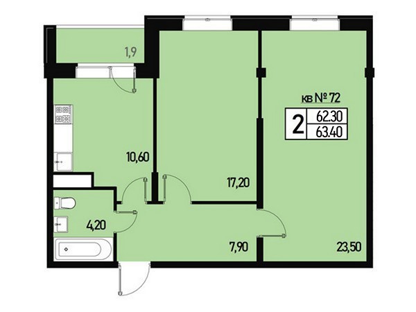2 комн. квартира, 63 м², 3 этаж 