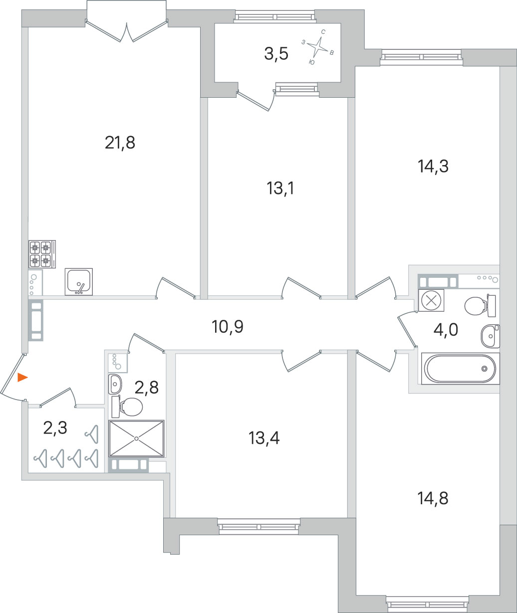 4 комн. квартира, 97.4 м², 3 этаж 