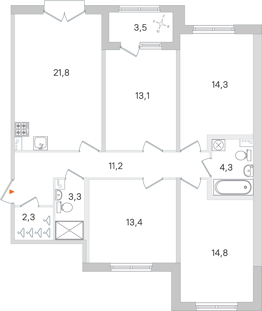 4 комн. квартира, 98.5 м², 2 этаж 