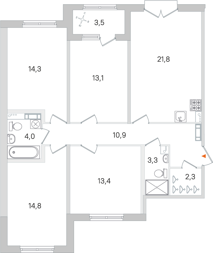 4 комн. квартира, 97.9 м², 2 этаж 