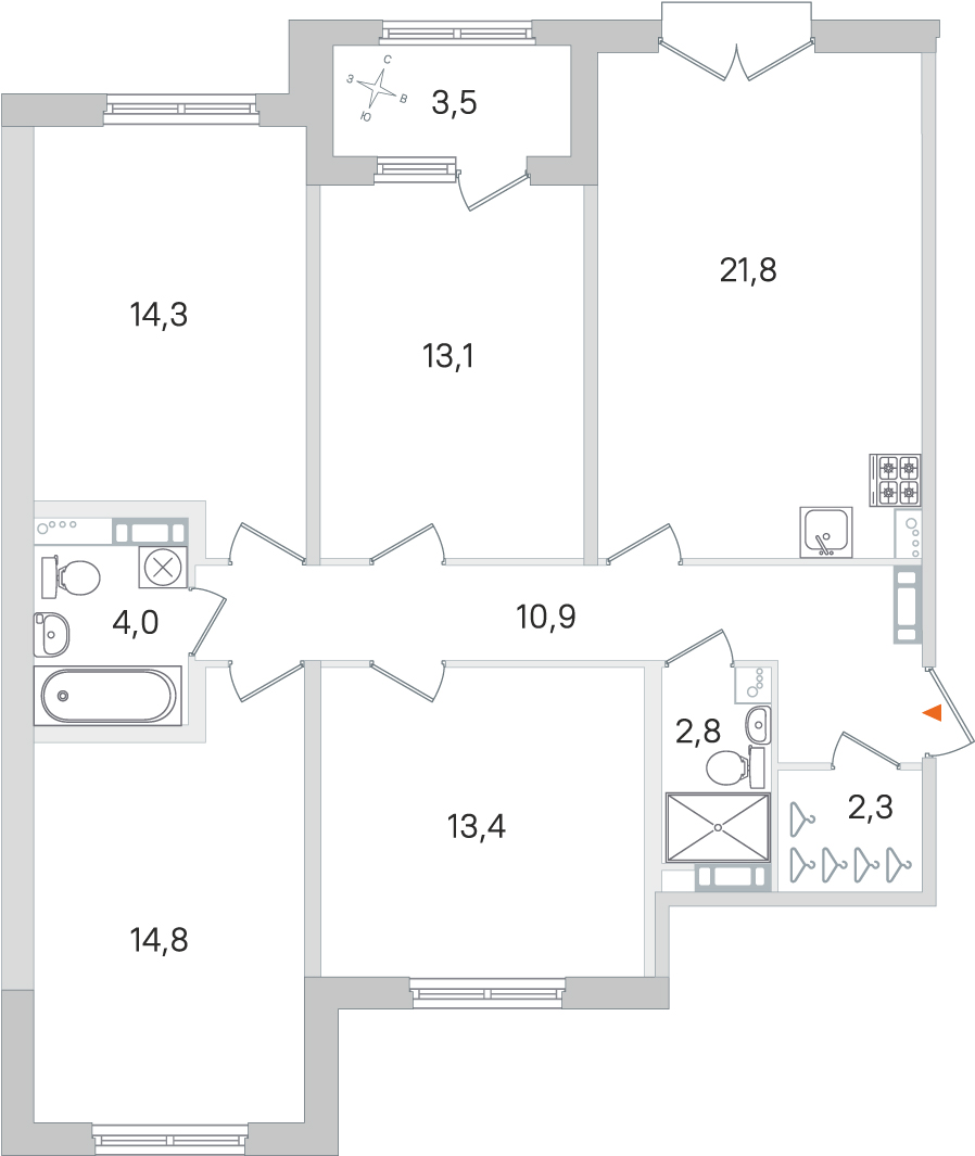 4 комн. квартира, 97.4 м², 3 этаж 