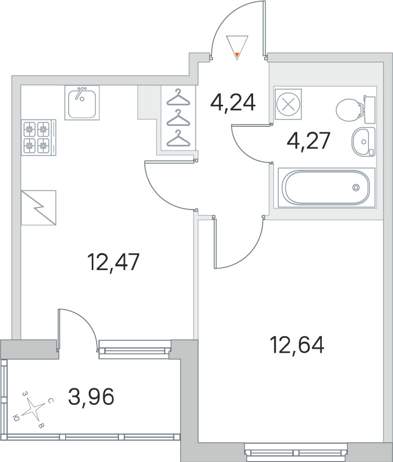 1 комн. квартира, 33.6 м², 2 этаж 