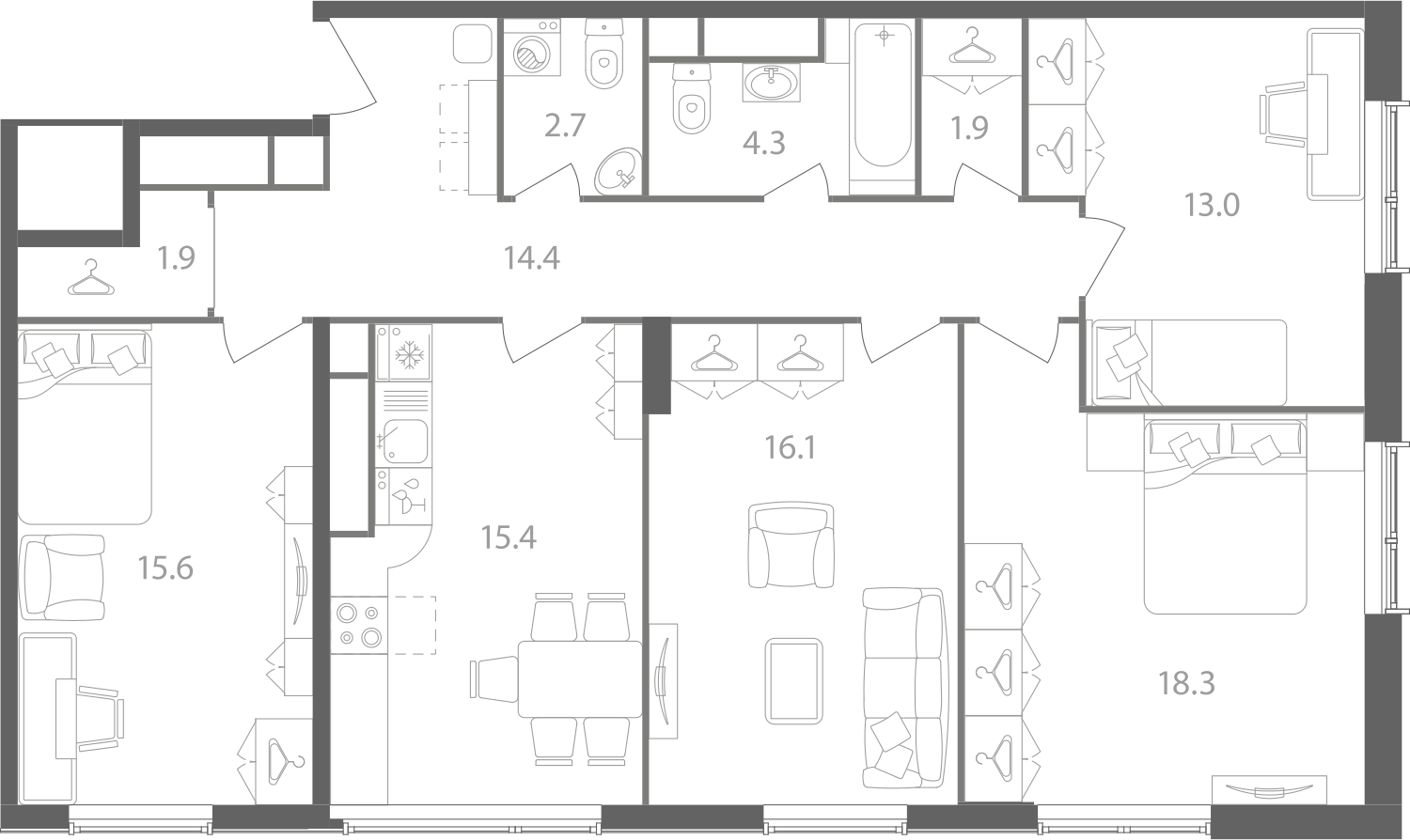 4 комн. квартира, 104.8 м², 14 этаж 