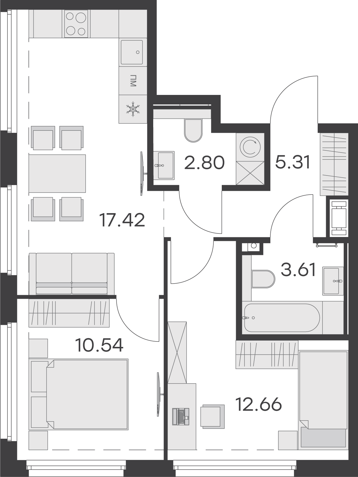 1 комн. квартира, 52.3 м², 11 этаж 